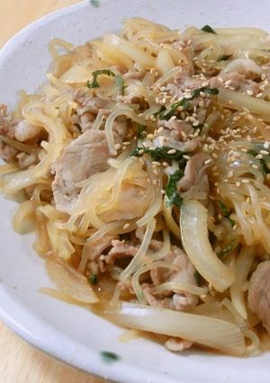 A picture of Pork and Shirataki Noodle Stir-Fry with Shiso.
