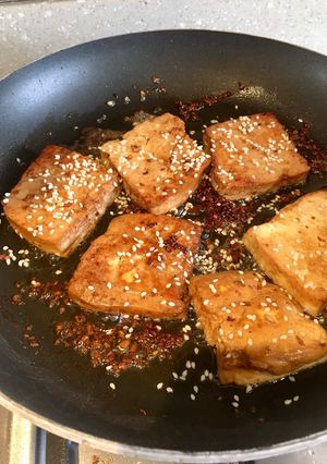A picture of Pan Fried Smoked Tofu With Garlic & Sesame.
