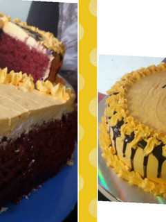 A picture of Red velvet cake with a chocolate ganache cream frosting.