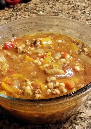 A picture of Bell Pepper and Ground Beef Barley Soup.