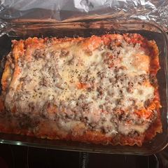 A picture of Quick & Easy Lasagna. Also included is a VEGAN OPTION, or Meat & Cheese Substitute options.