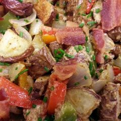 A picture of Horseradish Roasted Potatoes & Bacon Fried Veggies.