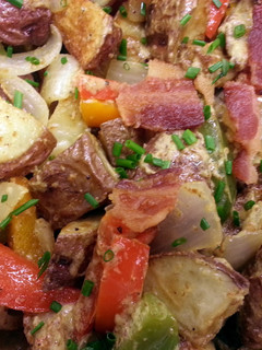 A picture of Horseradish Roasted Potatoes & Bacon Fried Veggies.