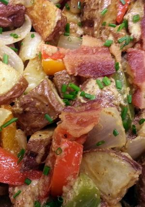 A picture of Horseradish Roasted Potatoes & Bacon Fried Veggies.