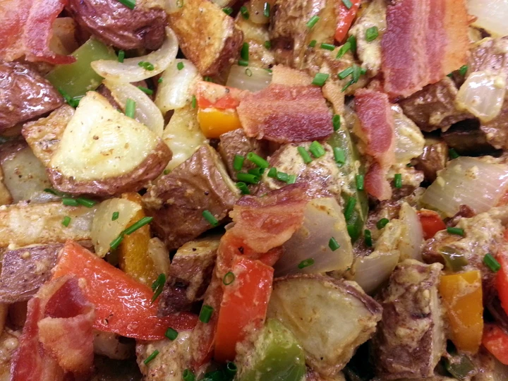 Easy Steps to Make Recipe Horseradish Roasted Potatoes &amp;amp; Bacon Fried Veggies that is Delicious, Tasty}