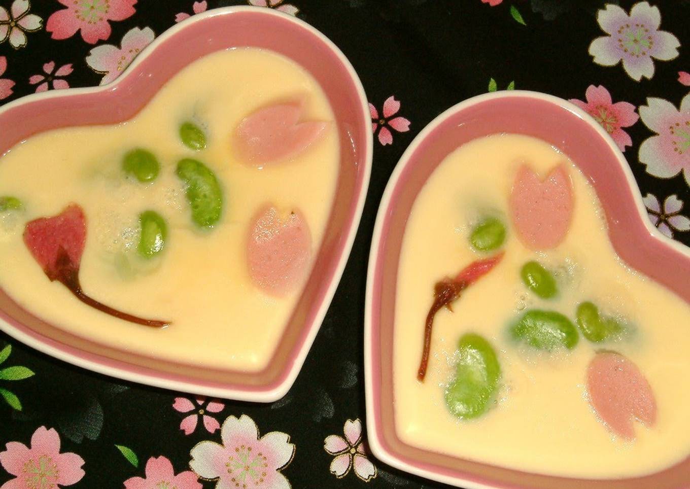 Simple Chawan-mushi (Steamed Egg Custard) with Cherry Blossoms & Fava Beans