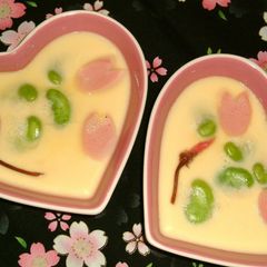 A picture of Simple Chawan-mushi (Steamed Egg Custard) with Cherry Blossoms & Fava Beans.