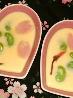 A picture of Simple Chawan-mushi (Steamed Egg Custard) with Cherry Blossoms & Fava Beans.