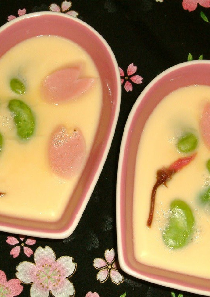 A picture of Simple Chawan-mushi (Steamed Egg Custard) with Cherry Blossoms & Fava Beans.