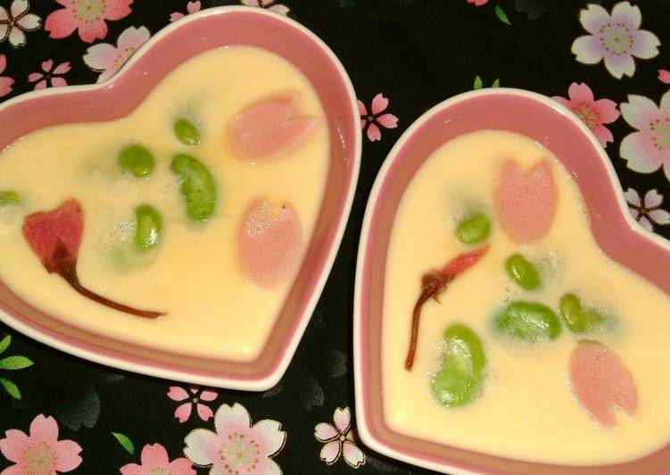 Simple Chawan-mushi (Steamed Egg Custard) with Cherry Blossoms &amp; Fava Beans