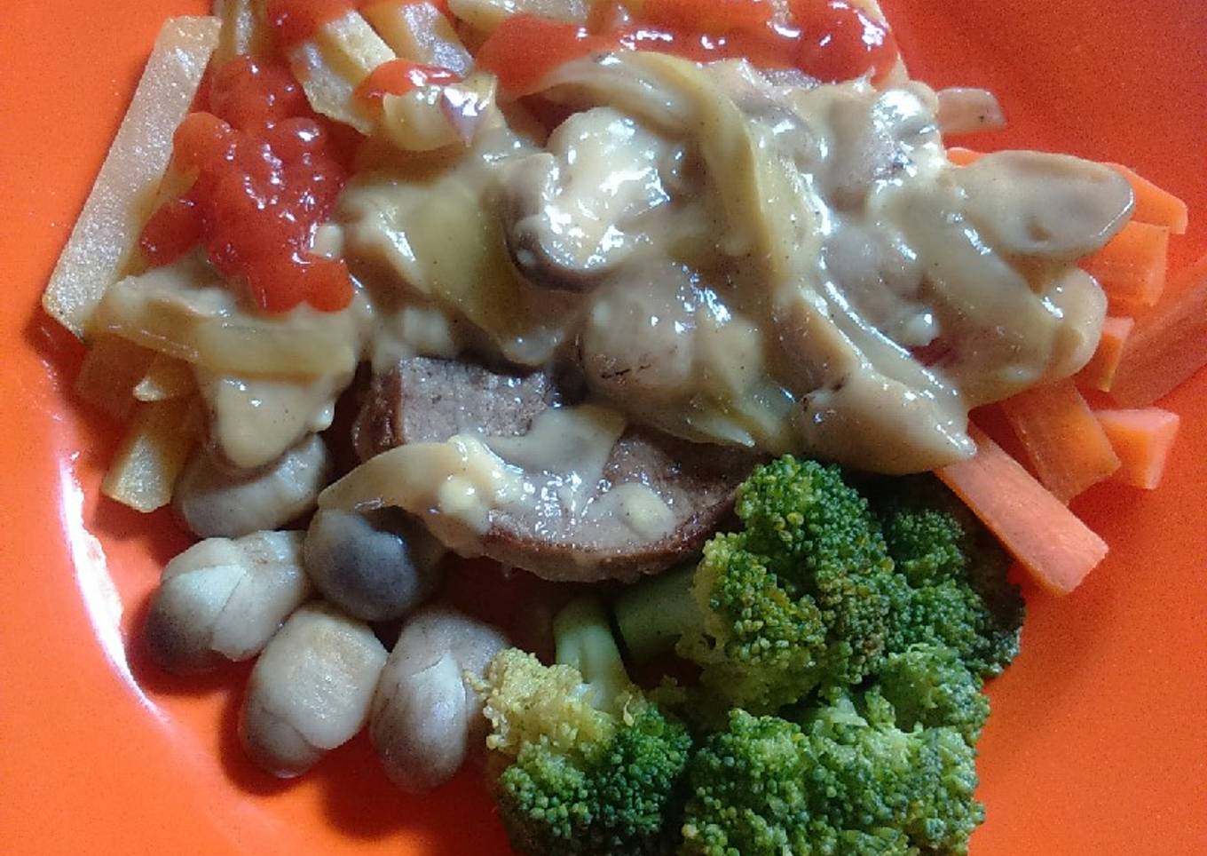 Sirloin steak medium with mushroom sauce