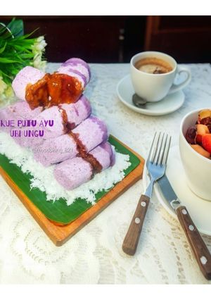 Foto resep Cara membuat kue putu ayu ubi ungu cetakan daun pisang, gampang dan ekonomis