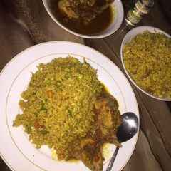 Fried rice with chicken pepper sauce A picture of Fried rice with chicken pepper sauce.