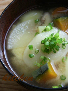 A picture of Miso Soup with Mochi Dumplings.