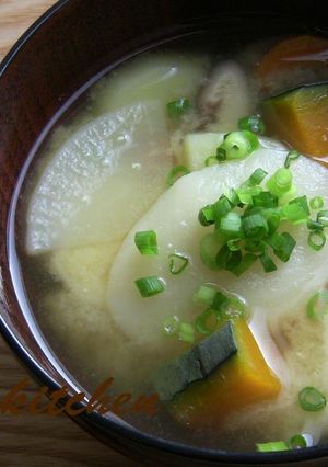 A picture of Miso Soup with Mochi Dumplings.