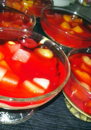 A picture of Pam's custard with jello and fruitcocktail....