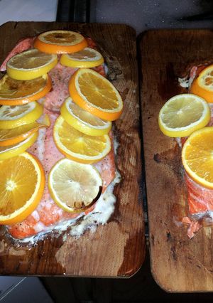 A picture of salmon on the grill.