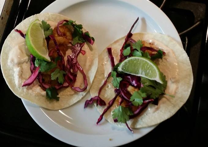 Shrimp tacos with red cabbage lime slaw