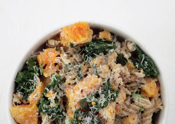 Butternut Squash and Kale Fusilli Pasta with Ricotta and topped with Fried Sage and Parmesan