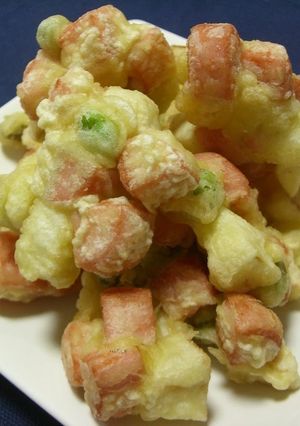 A picture of Chunky Fish Sausage and Vegetable Kakiage Fritters.