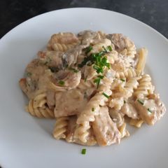 A picture of McPhee's Saute Pork Loin and Mushroom Pasta.