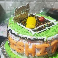 A picture of Cricket pitch cake with fruit flavour.
