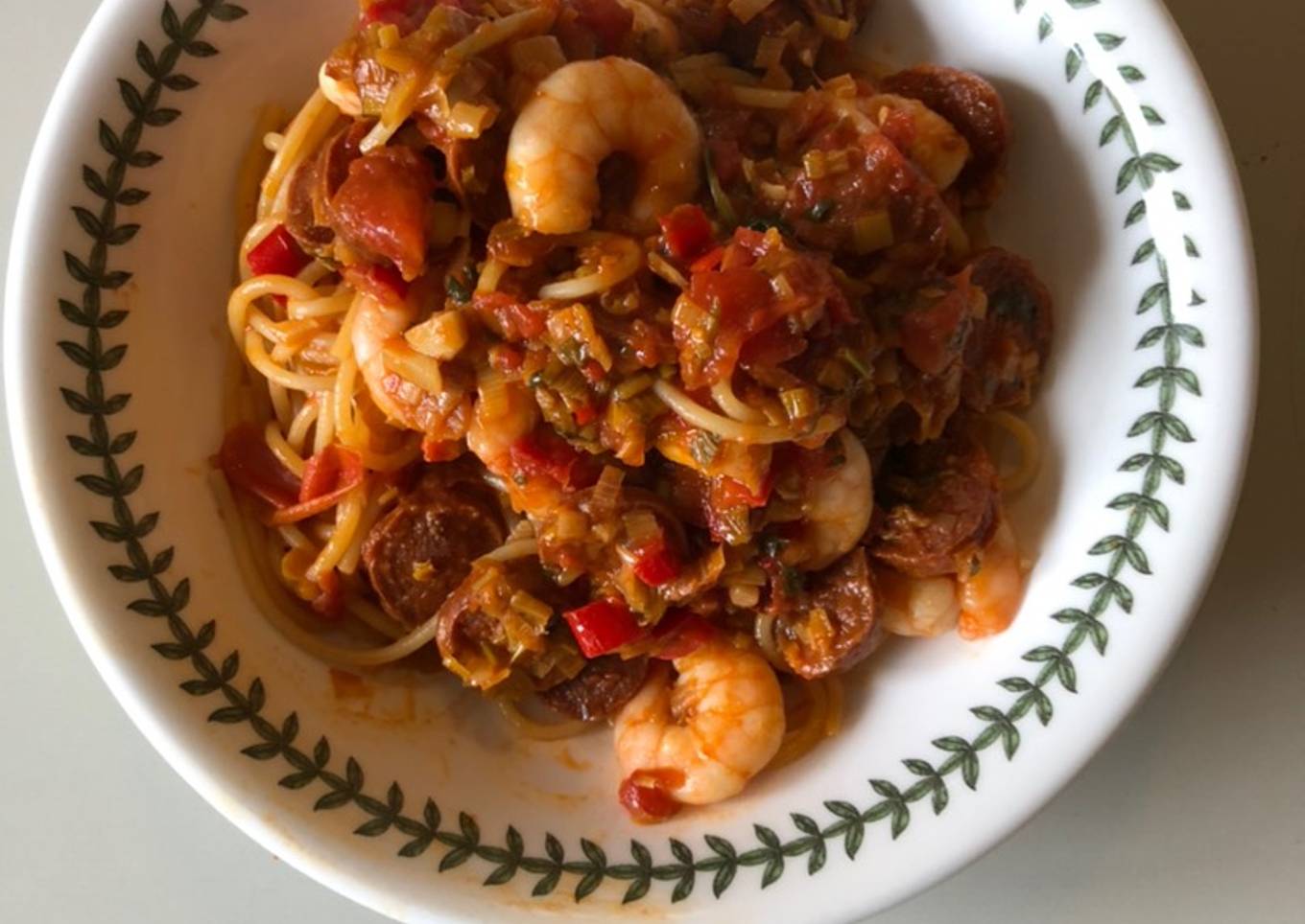 Shrimp spaghetti, chorizo, chili and spring onions