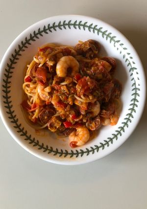 A picture of Prawn, Chorizo, Chili & Leek Spaghetti.