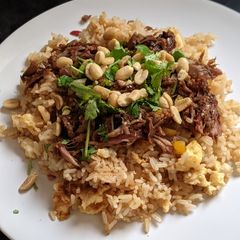 A picture of Teri-quacki duck with egg fried rice.