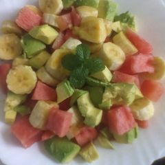 A picture of Avocado,banana and melon pudding.#nonheatsnack.