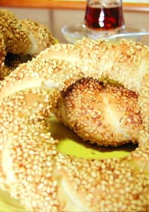 A picture of Simit: Turkish Bread Rings Coated with Sesame Seeds.