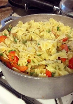 A picture of surf n turf Cajun pasta.