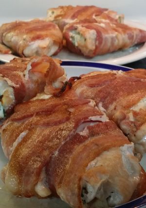 A picture of Bacon Wrapped Cream Cheese Stuffed Chicken Breasts.