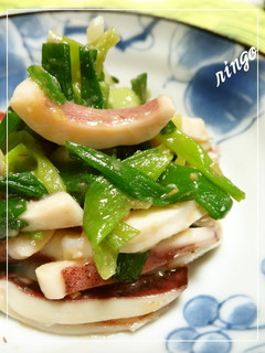 A picture of Tender Squid and Green Onions with Vinegar Miso Sauce.