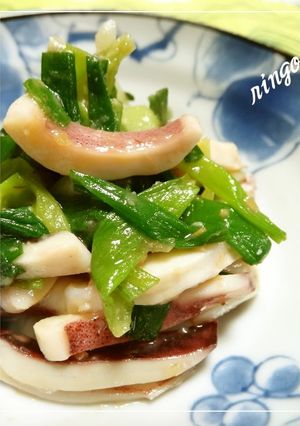 A picture of Tender Squid and Green Onions with Vinegar Miso Sauce.