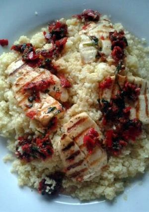 A picture of Halloumi with Cauliflower Couscous & Honey-Harissa.