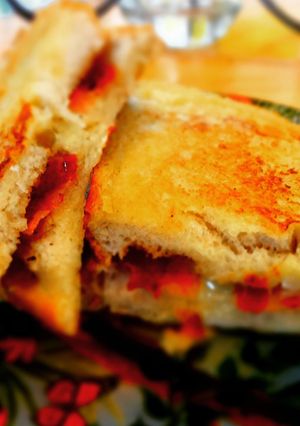A picture of Pan Fried Gruyere and Pancetta Brioche Sandwich.