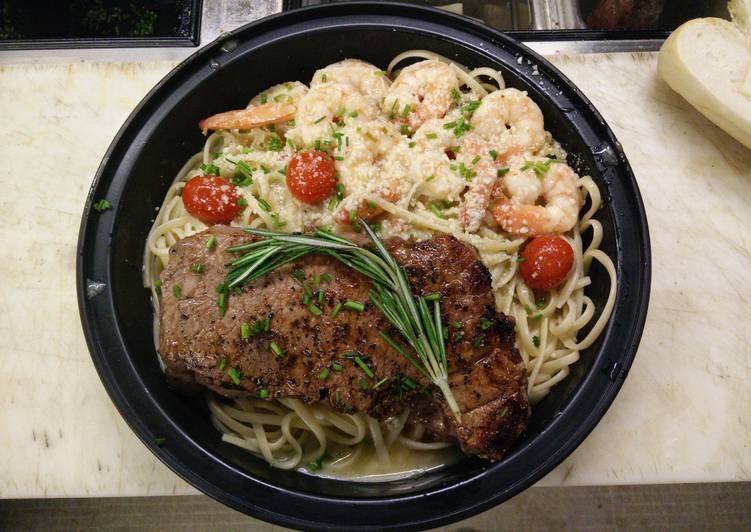 New York Stop Steak over Shrimp Scampi