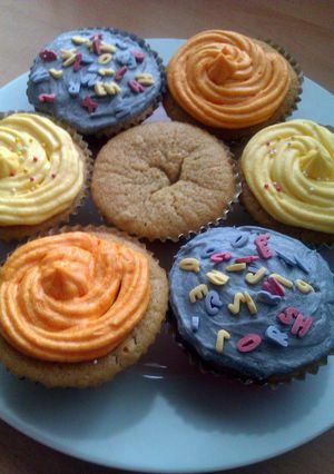A picture of Vickys Vanilla Cupcakes, GF DF EF SF NF.