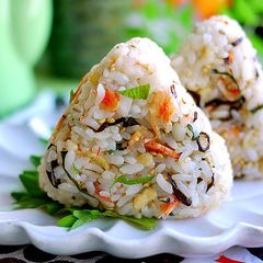A picture of Tempura Crumbs and Sakura Shrimp Rice Balls.