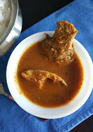 A picture of Fish curry/ Meen Kuzhambu.