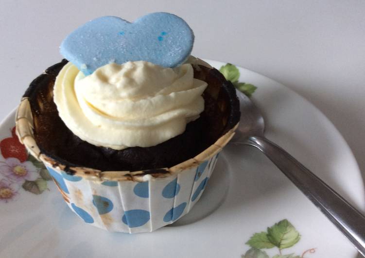 Chocolate Genoise Sponge Cupcakes with Whipped Cream and Blue Fondant