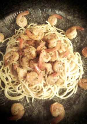 A picture of Lemon Pepper Shrimp over Pasta.