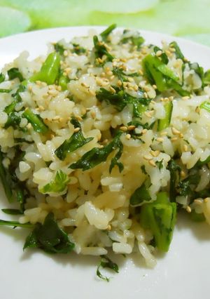 A picture of Seasoned with Kombu Tea Chrysanthemum Greens Fried Rice.