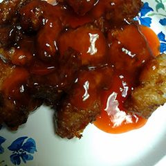 A picture of sweet and sour pork.