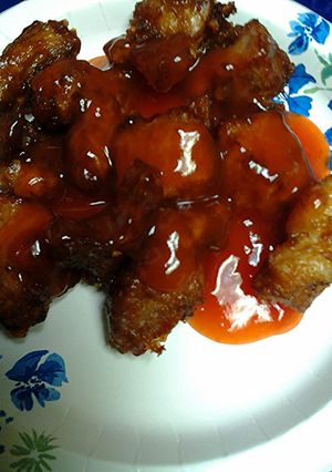A picture of sweet and sour pork.