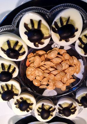 A picture of Halloween Devilled Eggs.
