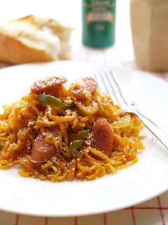 A picture of Spaghetti Napolitan with Dried Daikon Radish Strips.
