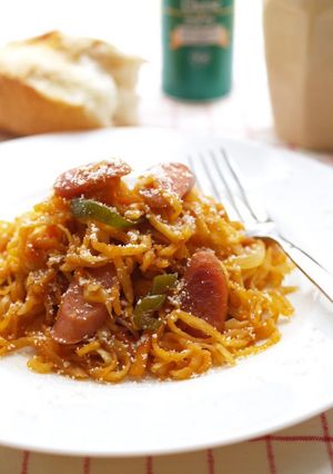 A picture of Spaghetti Napolitan with Dried Daikon Radish Strips.