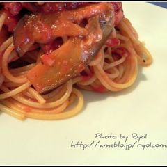 A picture of Block Bacon and Eggplant Pasta all'Arrabiata.